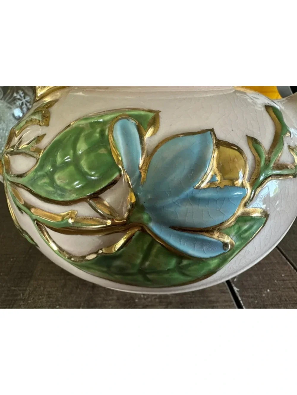 Vintage Hull USA Water Lily Pink Blue Floral Gold Trim Teapot w/Lid Chipped